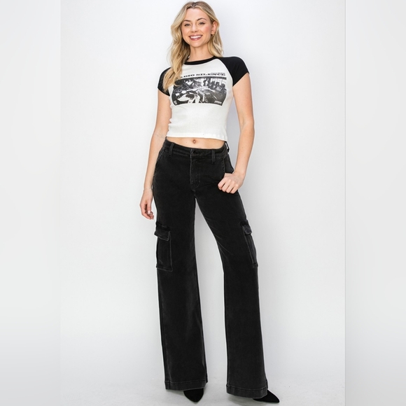 RISEN Cargo High-Rise Waist Boyfriend Denim Relaxed Wide Leg Utility Jean Pants - Picture 13 of 14